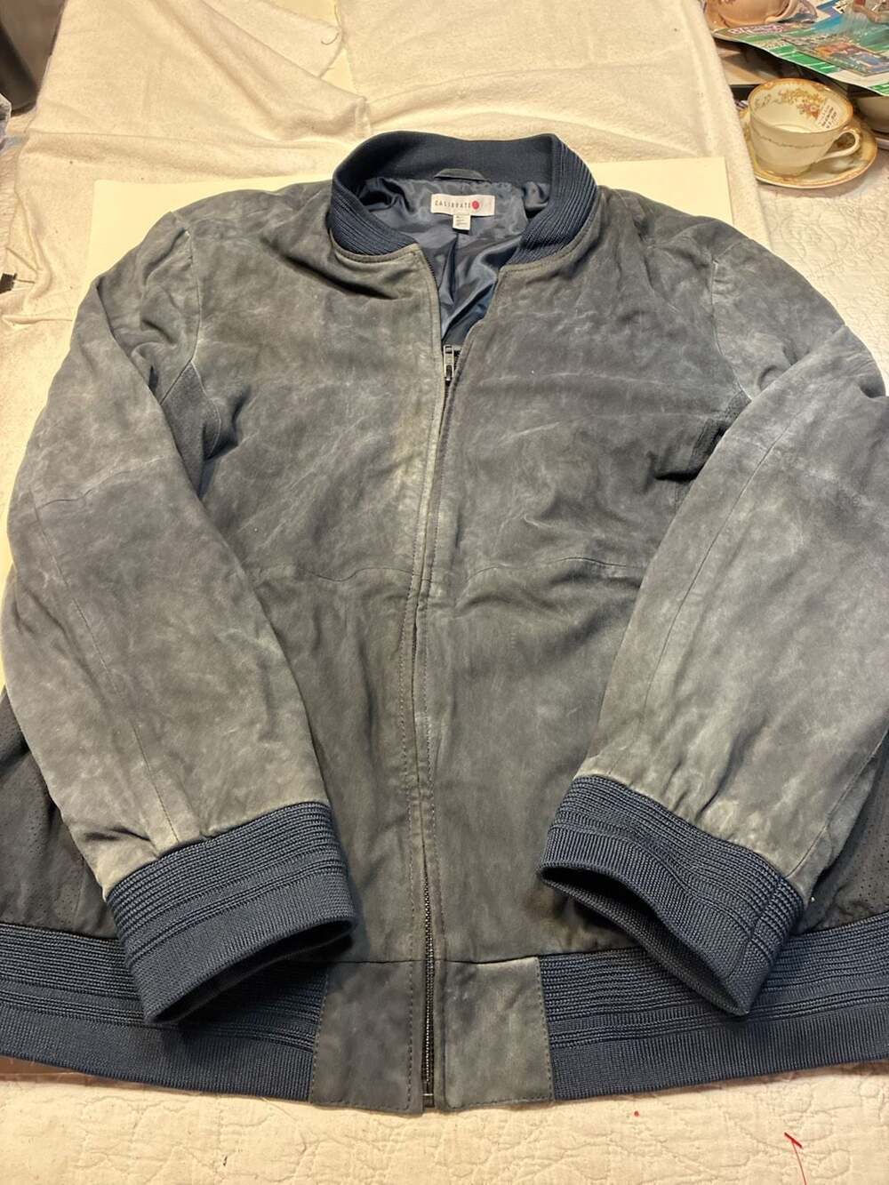 Calibrate Men's Suede Leather Bomber Jacket Blue Size XL